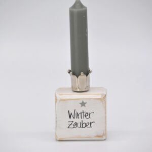 Kerzenhalter Winterzauber aus Holz mit Krone in weiß